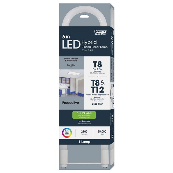 Feit Electric Feit Plug & Play T8 and T12 Cool White 22.5 in. G13 U-Bend LED Linear Lamp 32 Watt Equivalence 1 pk T848840ABU6LED - main